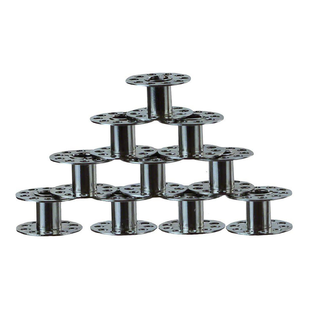 Ten metal Class 15 bobbins stacked to show their perforated flanges and cylindrical centers.