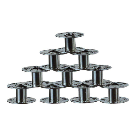 Ten metal Class 15 bobbins stacked to show their perforated flanges and cylindrical centers.