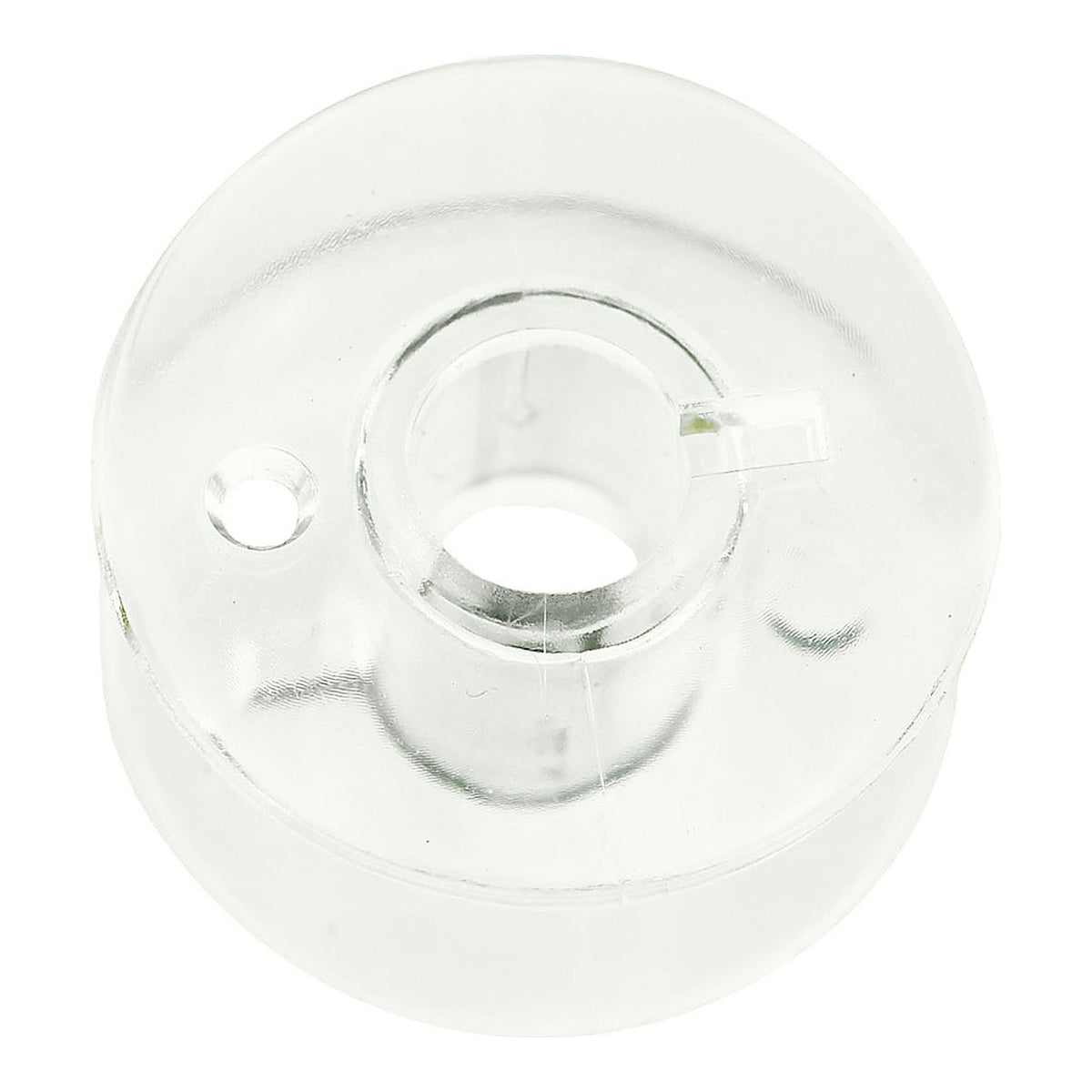 Clear plastic bobbin showing its flanges and central opening.