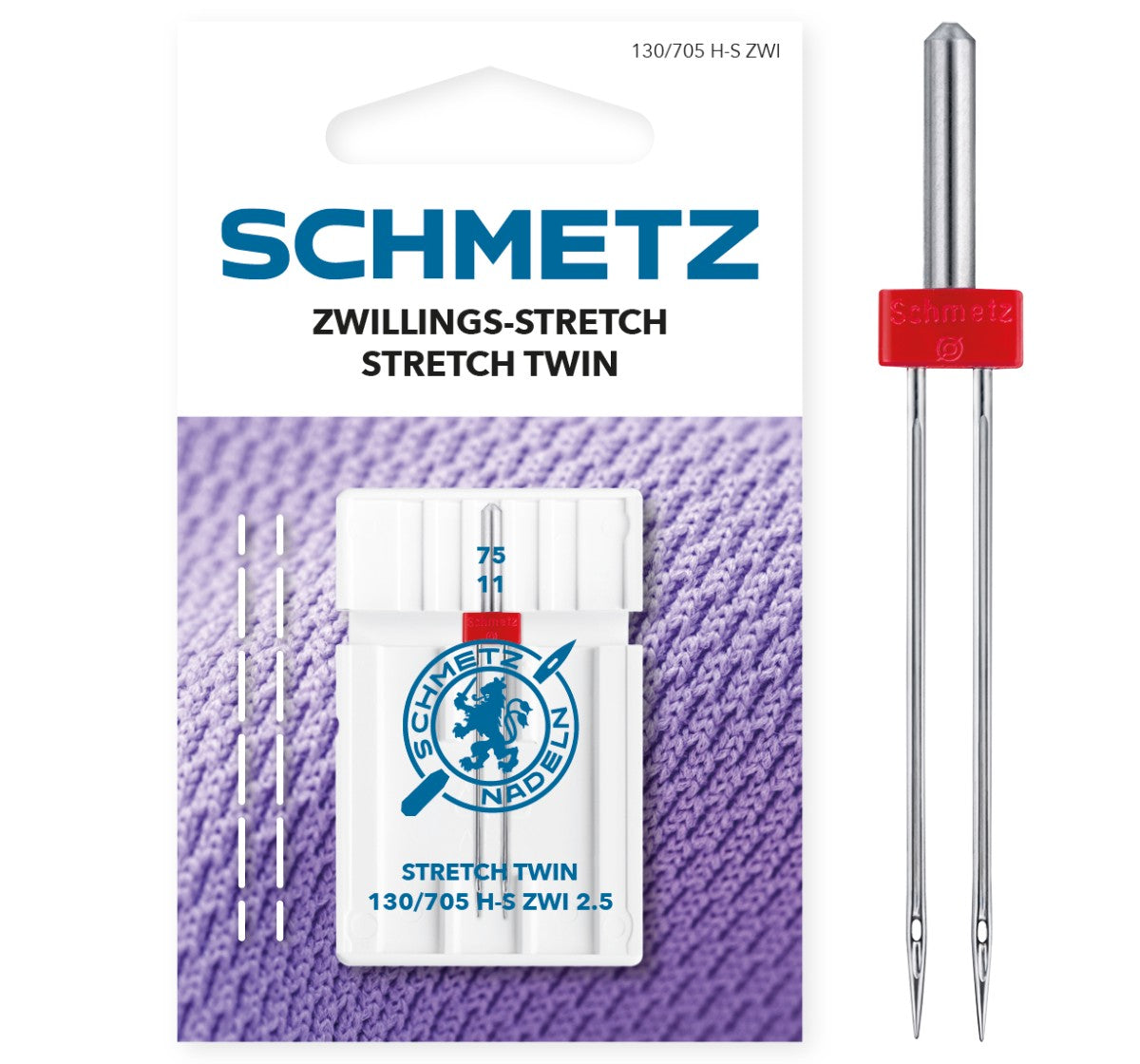 SCHMETZ Stretch Twin packet marked 2.5 and 75/11 beside an exposed two-blade needle.