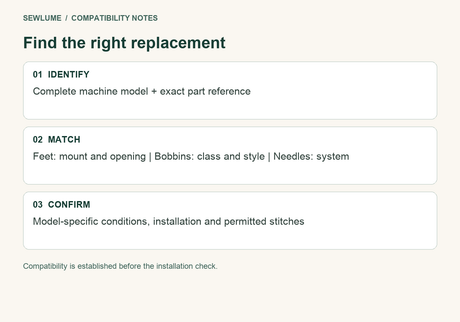 Three-step compatibility checklist: identify the machine and part, match required features, and confirm conditions.
