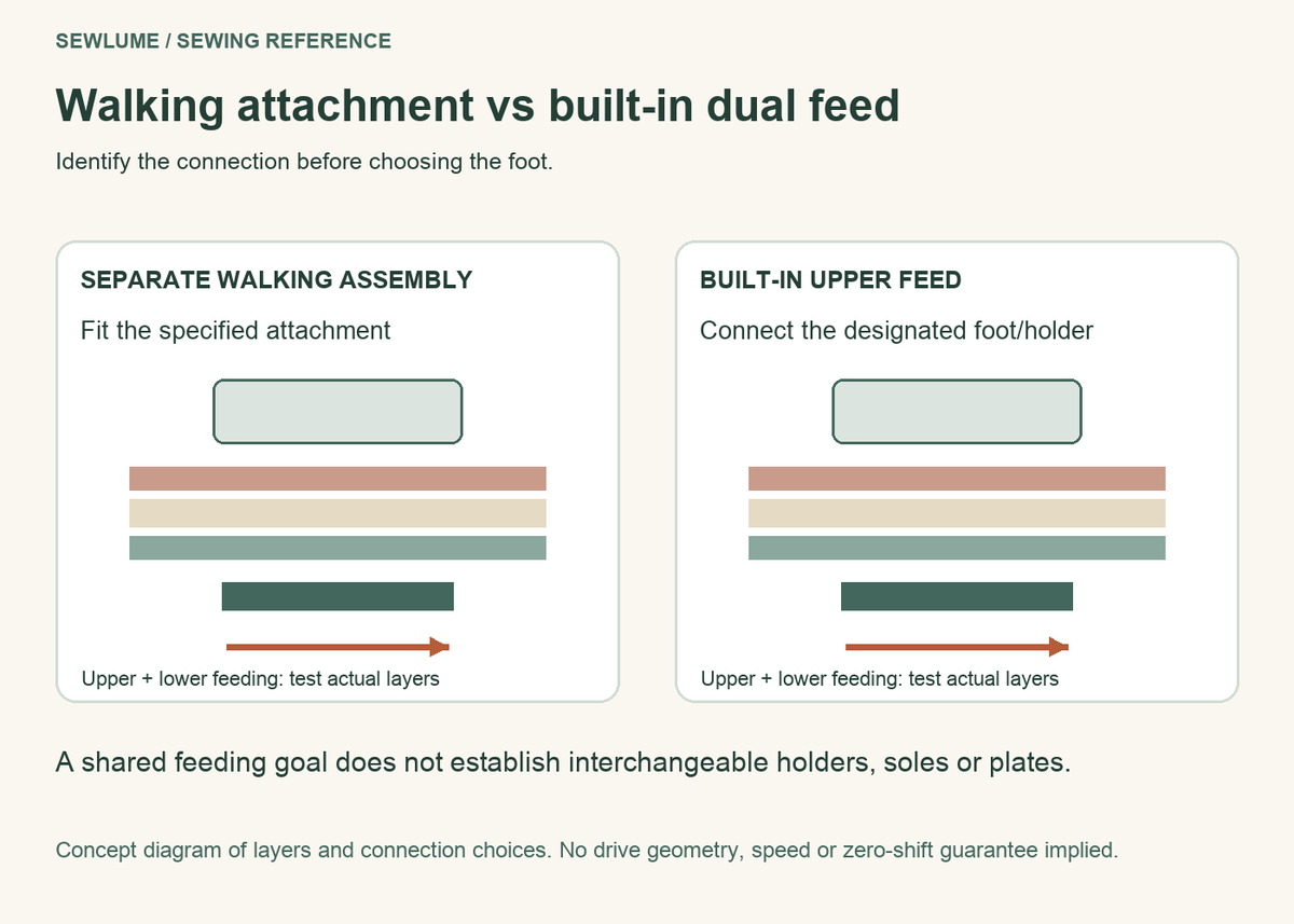 Conceptual fabric layers and connection choices for a separate walking attachment and built-in upper feed.