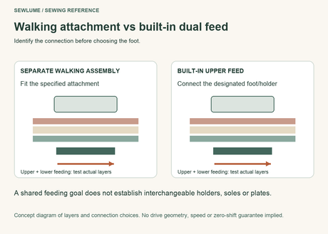 Conceptual fabric layers and connection choices for a separate walking attachment and built-in upper feed.