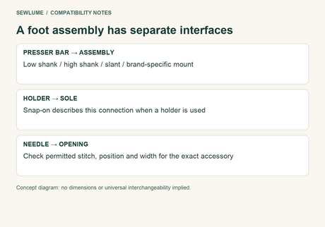 Presser-foot interfaces: bar to assembly, holder to snap-on sole, and needle to the permitted opening.
