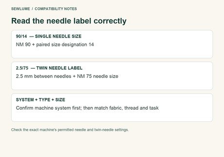 Needle labels: 90/14 is a single-needle size; 2.5/75 gives twin spacing and NM size. Confirm system, type and size.