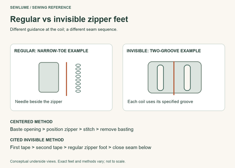 Conceptual zipper-foot undersides and seam sequences: narrow toe versus two coil grooves. Exact setups vary.