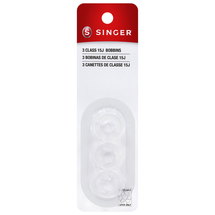 SINGER packet marked Class 15J, with three transparent bobbins visible.