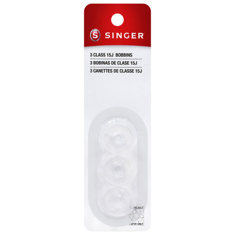 SINGER packet marked Class 15J, with three transparent bobbins visible.