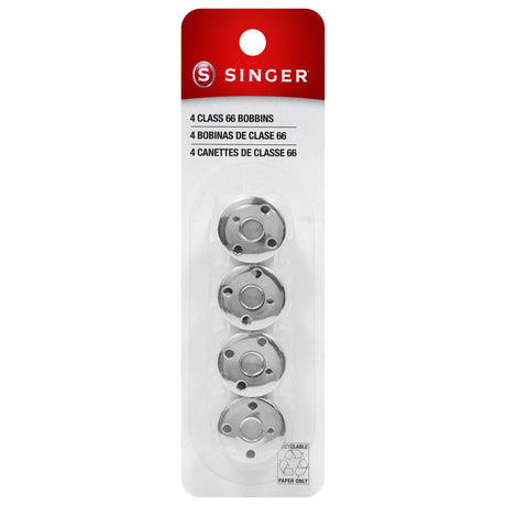 SINGER packet marked four Class 66 bobbins, with four metal bobbins visible.