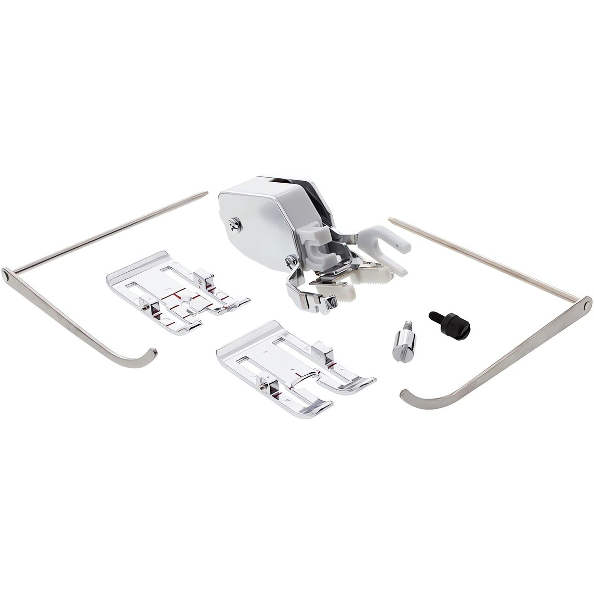 Husqvarna Viking 920219-096 dual-feed assembly, changeable feet and guides laid out