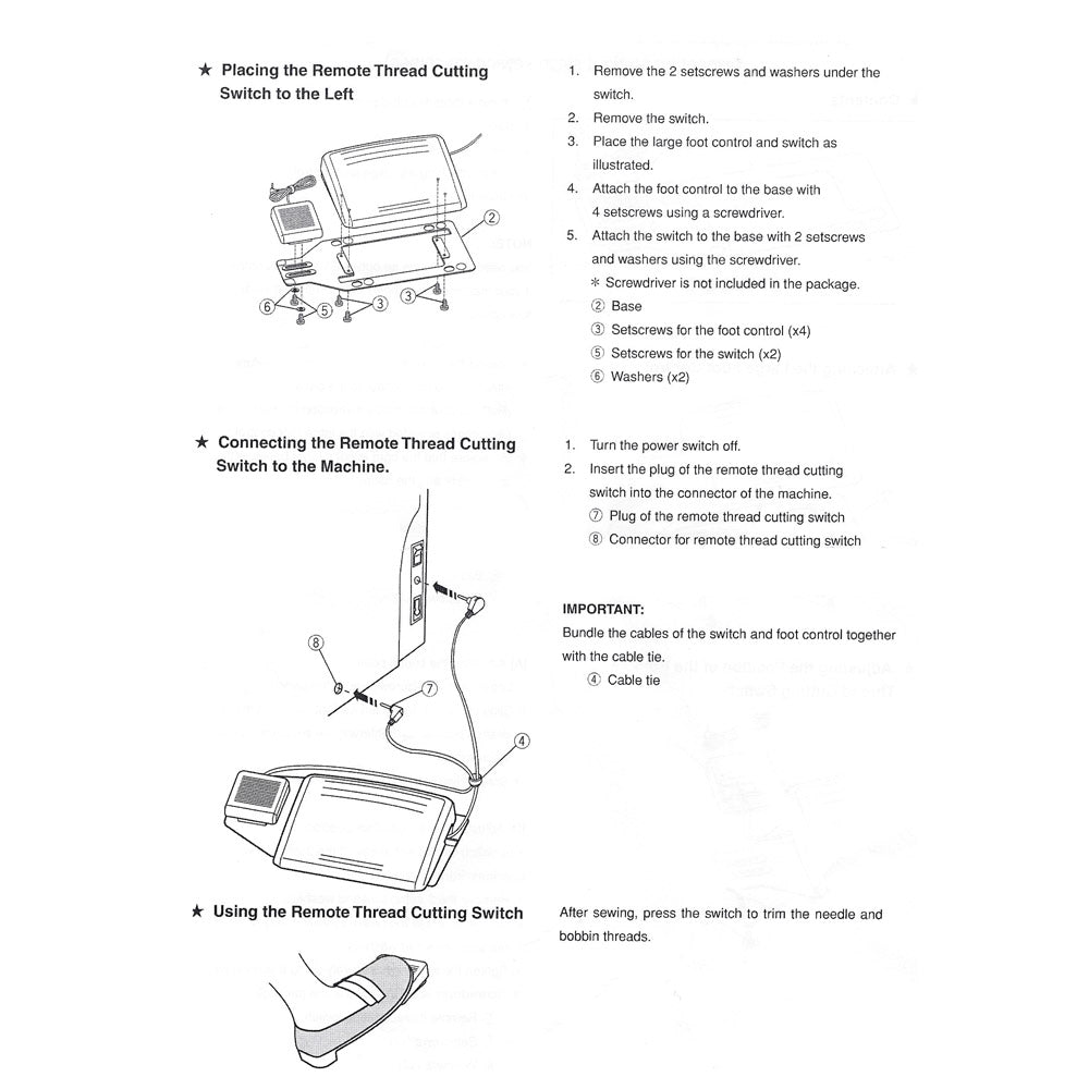 Illustrated installation and connection instructions for remote cutter #858418008; large foot controller shown separately and not included